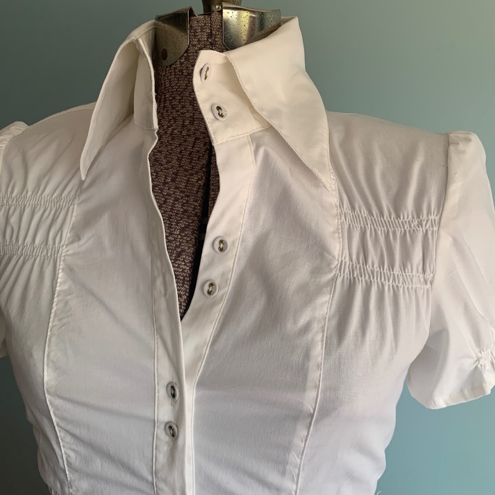 Kelli Kouri Vintage Womens S White Smocked Waist Button Up Short Sleeved Shirt